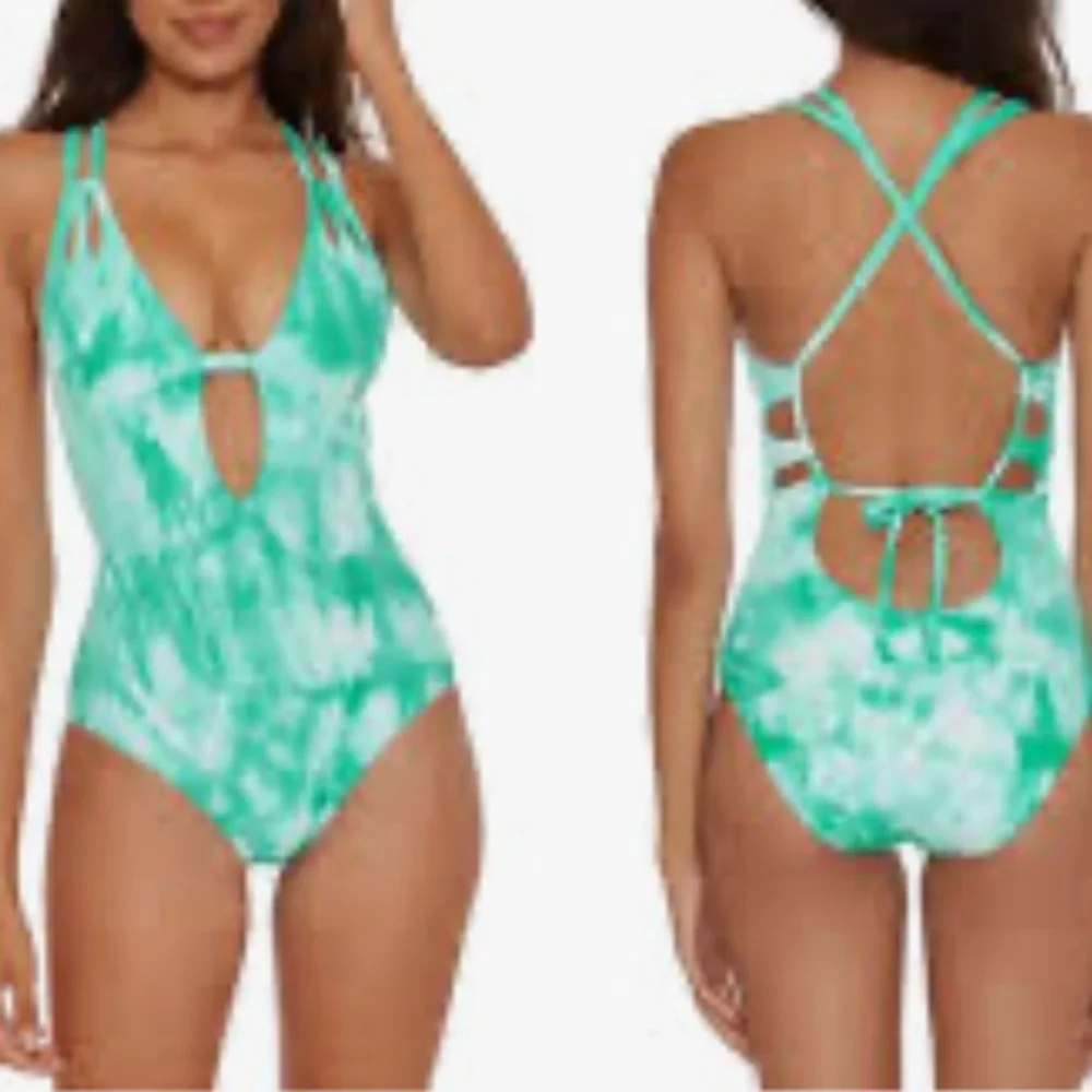 BECCA GREEN and‎  WHITE TIE DYE STRAPPY ONE PIECE Swimsuit
